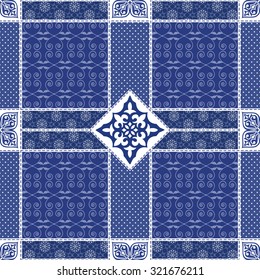 Vector abstract seamless patchwork pattern with geometric and floral  ornaments, stylized flowers,dots, snowflakes and lace. Vintage boho style.