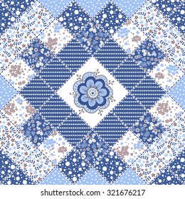 Vector abstract seamless patchwork pattern with geometric and floral  ornaments, stylized flowers,dots, snowflakes and lace. Vintage boho style.