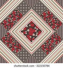 Vector abstract seamless patchwork pattern with geometric and floral  ornaments, stylized flowers, dots, snowflakes and lace. Vintage boho style.