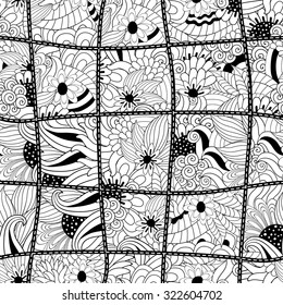 Vector abstract seamless patchwork pattern with floral  ornaments, stylized flowers, dots, plants and lace. Vintage boho style. Black and white