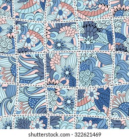 Vector abstract seamless patchwork pattern with floral  ornaments, stylized flowers, dots, plants and lace. Vintage boho style.