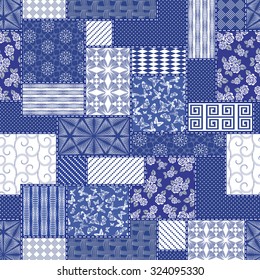 Vector abstract seamless patchwork pattern with geometric and floral  ornaments, stylized flowers, dots, snowflakes and lace. Vintage boho style.