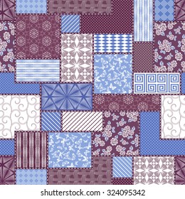 Vector abstract seamless patchwork pattern with geometric and floral  ornaments, stylized flowers, dots, snowflakes and lace. Vintage boho style.