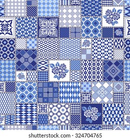 Vector abstract seamless patchwork pattern with geometric and floral  ornaments, stylized flowers, dots, snowflakes and lace. Vintage boho style.