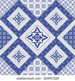 Vector abstract seamless patchwork pattern with geometric and floral  ornaments, stylized flowers, dots, snowflakes and lace. Vintage boho style.