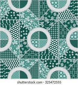 Vector abstract seamless patchwork pattern with geometric and floral  ornaments, stylized flowers, dots, snowflakes and lace. Vintage boho style.