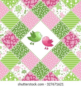 Vector abstract seamless patchwork pattern with floral  ornaments, stylized flowers, birds and dots. Vintage boho style.