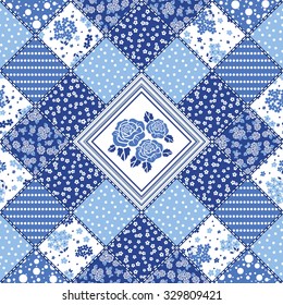 Vector abstract seamless patchwork pattern with geometric and floral  ornaments, stylized flowers, dots, snowflakes and lace. Vintage boho style.