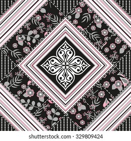 Vector abstract seamless patchwork pattern with geometric and floral  ornaments, stylized flowers, dots, snowflakes and lace. Vintage boho style.