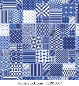Vector abstract seamless patchwork pattern with geometric and floral  ornaments, stylized flowers, dots, snowflakes and lace. Vintage boho style.