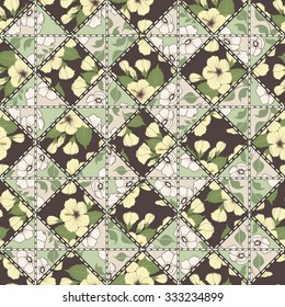Vector abstract seamless patchwork pattern with geometric and floral  ornaments, stylized flowers. Vintage boho style.