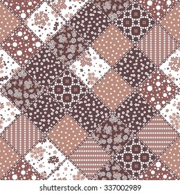Vector abstract seamless patchwork pattern with geometric and floral  ornaments, stylized flowers, dots, snowflakes and lace. Vintage boho style.