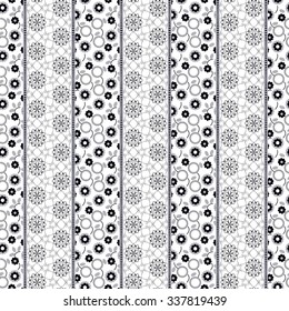 Vector abstract seamless patchwork pattern with geometric and floral  ornaments, stylized flowers, dots, snowflakes and lace. Vintage boho style. Black and white