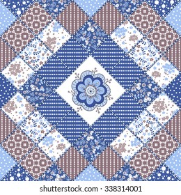 Vector abstract seamless patchwork pattern with geometric and floral  ornaments, stylized flowers, dots, snowflakes and lace. Vintage boho style.