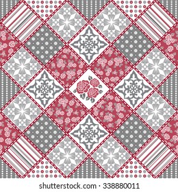 Vector abstract seamless patchwork pattern with geometric and floral  ornaments, stylized flowers, dots, snowflakes and lace. Vintage boho style.