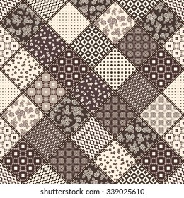 Vector abstract seamless patchwork pattern with geometric and floral  ornaments, stylized flowers, dots, snowflakes and lace. Vintage boho style.