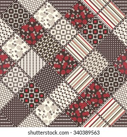 Vector abstract seamless patchwork pattern with geometric and floral  ornaments, stylized flowers, dots, snowflakes and lace. Vintage boho style.