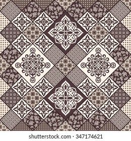 Vector abstract seamless patchwork pattern with geometric and floral  ornaments, stylized flowers, dots, snowflakes and lace. Vintage boho style.