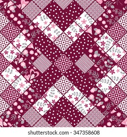 Vector abstract seamless patchwork pattern with geometric and floral  ornaments, stylized flowers, dots, snowflakes and lace. Vintage boho style.