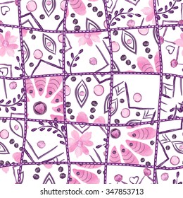 Vector abstract seamless patchwork pattern with watercolor  floral  ornaments, stylized flowers and leaves. Vintage boho style.