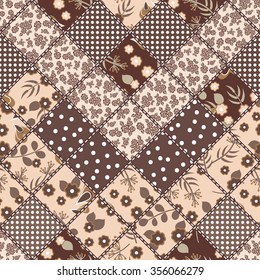 Vector abstract seamless patchwork pattern with geometric and floral  ornaments, stylized flowers, dots and lace. Vintage boho style.