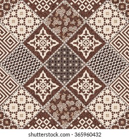 Vector abstract seamless patchwork pattern with geometric and floral  ornaments, stylized flowers, dots and lace. Vintage boho style.