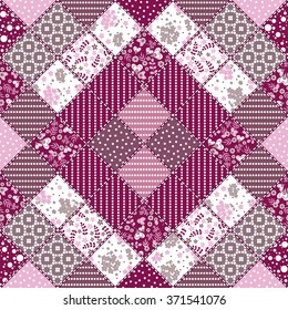 Vector abstract seamless patchwork pattern with geometric and floral  ornaments, stylized flowers, dots, snowflakes and lace. 
