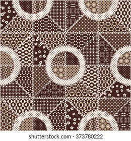 Vector abstract seamless patchwork pattern with geometric and floral  ornaments, stylized flowers, dots and lace.