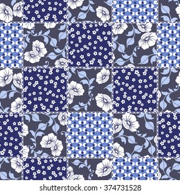 Vector abstract seamless patchwork pattern with geometric and floral  ornaments, stylized flowers. Vintage boho style.