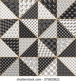 Vector abstract seamless patchwork pattern from black and light beige triangles with lacy floral ornaments, stylized rose flowers and leaves. Golden contour thin line. Textile print. Batik paint