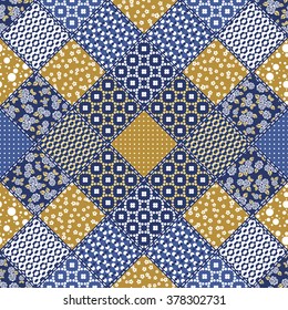 Vector abstract seamless patchwork pattern with geometric and floral  ornaments, stylized flowers, dots and lace.