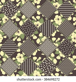 Vector abstract seamless patchwork pattern with geometric and floral  ornaments, stylized flowers, dots and lace. Vintage boho style.