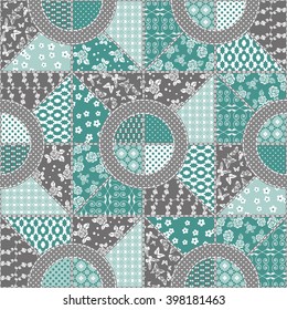 Vector abstract seamless patchwork pattern with geometric and floral  ornaments, stylized flowers, dots, snowflakes and lace. 