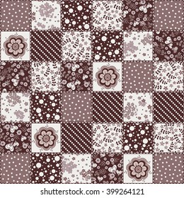 Vector abstract seamless patchwork pattern with geometric and floral  ornaments, stylized flowers, dots and lace. 