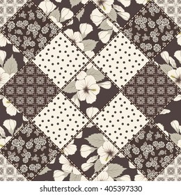 Vector abstract seamless patchwork pattern with geometric and floral  ornaments, stylized flowers. Vintage boho style.