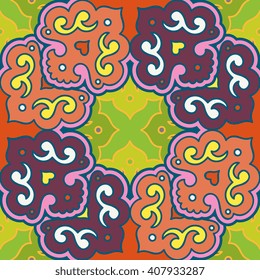 Vector abstract seamless patchwork pattern. Arabic tile texture with geometric and floral ornaments. Decorative elements for textile, book covers, print, gift wrap. Vintage boho style.