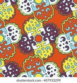 Vector abstract seamless patchwork pattern. Arabic tile texture with geometric and floral ornaments. Decorative elements for textile, book covers, print, gift wrap. Vintage boho style.