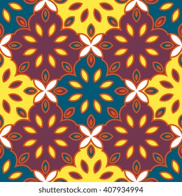 Vector abstract seamless patchwork pattern. Arabic tile texture with geometric and floral ornaments. Decorative elements for textile, book covers, print, gift wrap. Vintage boho style.