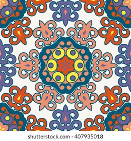 Vector abstract seamless patchwork pattern. Arabic tile texture with geometric and floral ornaments. Decorative elements for textile, book covers, print, gift wrap. Vintage boho style.