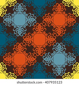 Vector abstract seamless patchwork pattern. Arabic tile texture with geometric and floral ornaments. Decorative elements for textile, book covers, print, gift wrap. Vintage boho style.