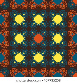 Vector abstract seamless patchwork pattern. Arabic tile texture with geometric and floral ornaments. Decorative elements for textile, book covers, print, gift wrap. Vintage boho style.