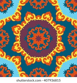 Vector abstract seamless patchwork pattern. Arabic tile texture with geometric and floral ornaments. Decorative elements for textile, book covers, print, gift wrap. Vintage boho style.