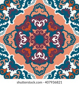 Vector abstract seamless patchwork pattern. Arabic tile texture with geometric and floral ornaments. Decorative elements for textile, book covers, print, gift wrap. Vintage boho style.