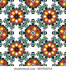 Vector abstract seamless patchwork pattern. Arabic tile texture with geometric and floral ornaments. Decorative elements for textile, book covers, print, gift wrap. Vintage boho style.