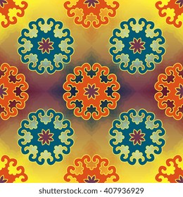 Vector abstract seamless patchwork pattern. Arabic tile texture with geometric and floral ornaments. Decorative elements for textile, book covers, print, gift wrap. Vintage boho style.