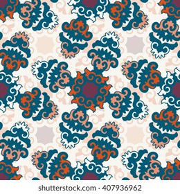 Vector abstract seamless patchwork pattern. Arabic tile texture with geometric and floral ornaments. Decorative elements for textile, book covers, print, gift wrap. Vintage boho style.