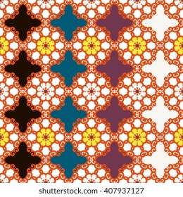 Vector abstract seamless patchwork pattern. Arabic tile texture with geometric and floral ornaments. Decorative elements for textile, book covers, print, gift wrap. Vintage boho style.