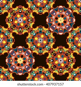 Vector abstract seamless patchwork pattern. Arabic tile texture with geometric and floral ornaments. Decorative elements for textile, book covers, print, gift wrap. Vintage boho style.