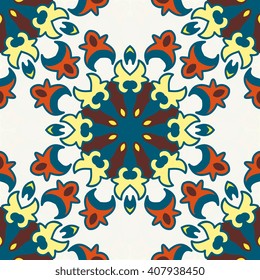 Vector abstract seamless patchwork pattern. Arabic tile texture with geometric and floral ornaments. Decorative elements for textile, book covers, print, gift wrap. Vintage boho style.