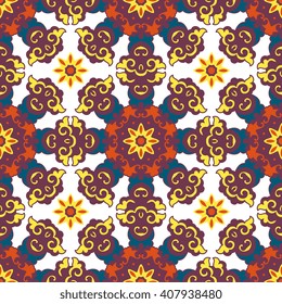 Vector abstract seamless patchwork pattern. Arabic tile texture with geometric and floral ornaments. Decorative elements for textile, book covers, print, gift wrap. Vintage boho style.